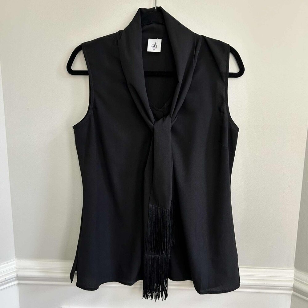 CAbi 3430 Fringe Black Sleeveless Blouse With Tie, Dressy Work Wear, Medium